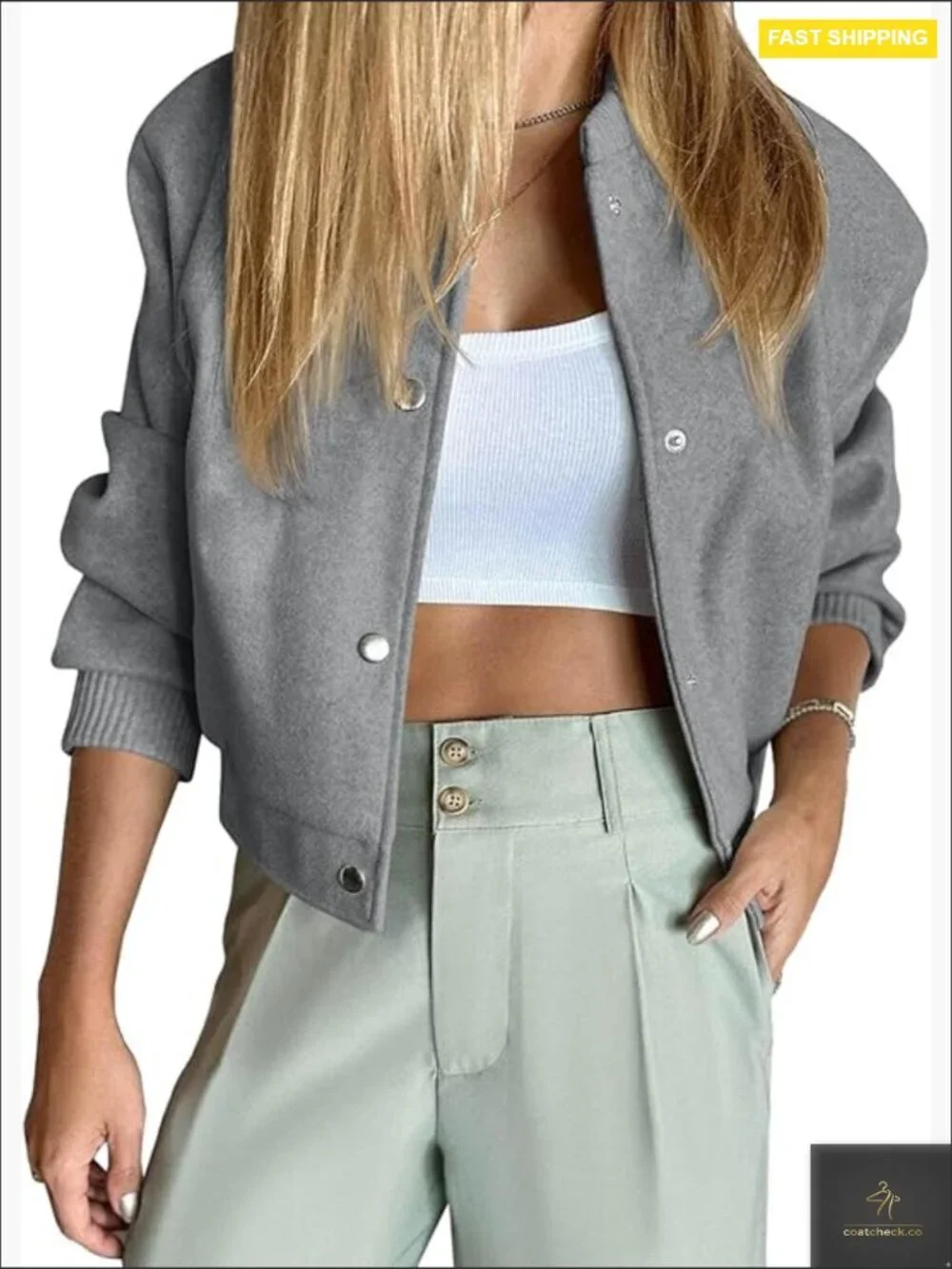 Wool Blend Cropped Bomber Jacket Short Pea Coat Varsity Button Down Casual
